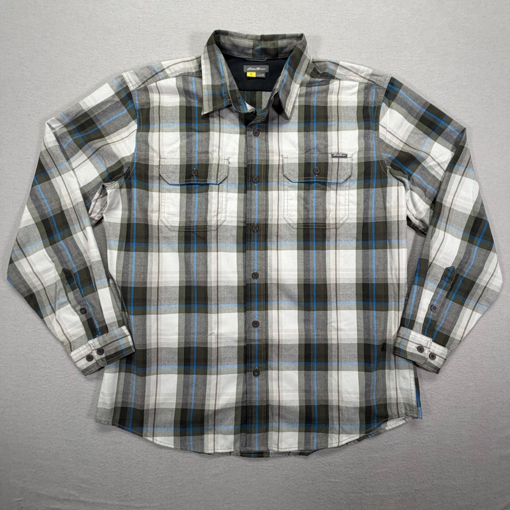 Eddie Bauer Mens Button Down Shirt Regular Grey White Blue Plaid XL